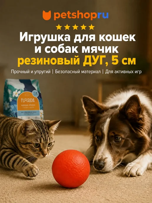 PetShop Игрушка для кошек и собак мячик резиновый "Дуг", 5 см, оранжевый