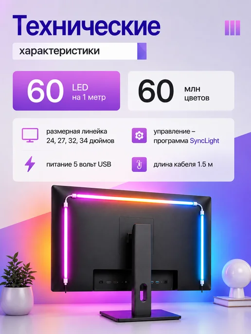 TechPulse Светодиодная лента подсветка для монитора 27" AmbiLight, синий, фото 4
