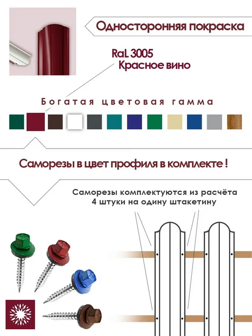 Солнышко Вятки Штакетник 1м RAL3005 полукруг, 30шт, с саморезами, 1 м, 30 шт, фото 2