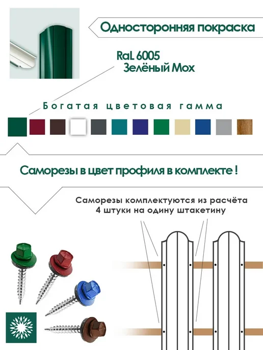 Солнышко Вятки Штакетник 1 м RAL6005 полукруг, 30шт, с саморезами, 1 м, 30 шт, фото 2