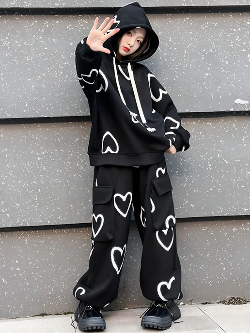 Scandi kids Костюм спортивный в корейском стиле с капюшоном, черный, фото 4